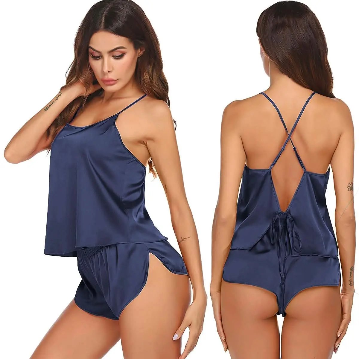Silk Pajamas Set for Women Satin Backless Lingerie Pjs Cami Top and Shorts Nightwear - Love Salve
